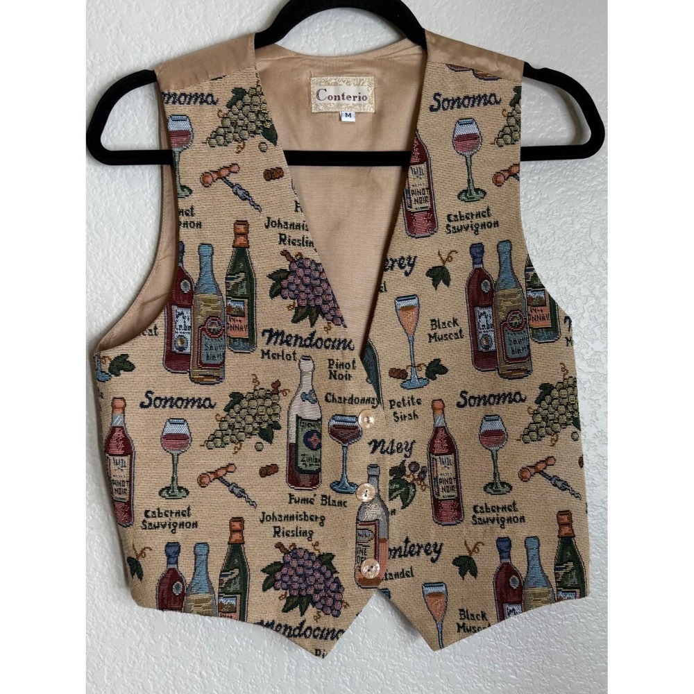 Conterio Womens Medium Vest Tan Wine Bottle Grapes Tapestry V‎ Neck Button Front